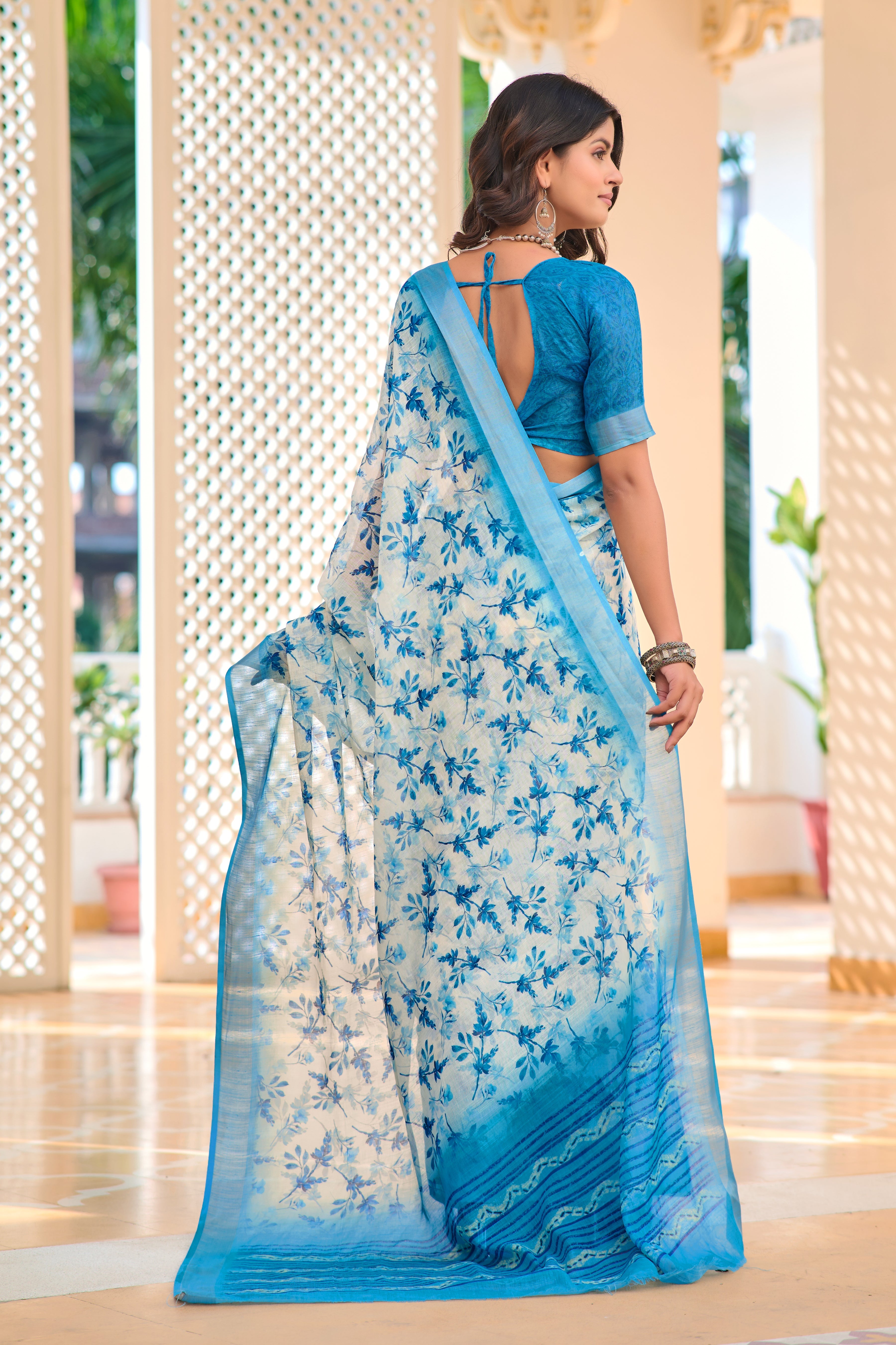 Designer Sky Blue Color Color Pure Cotton Lilen With Digital Printed Designer Saree