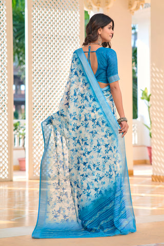 Designer Sky Blue Color Color Pure Cotton Lilen With Digital Printed Designer Saree
