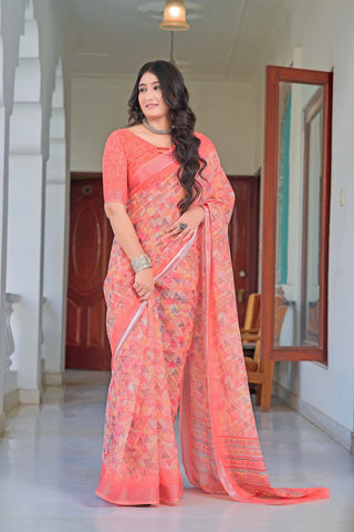 Glorious Peach Color Color Pure Cotton Lilen With Digital Printed Designer Saree