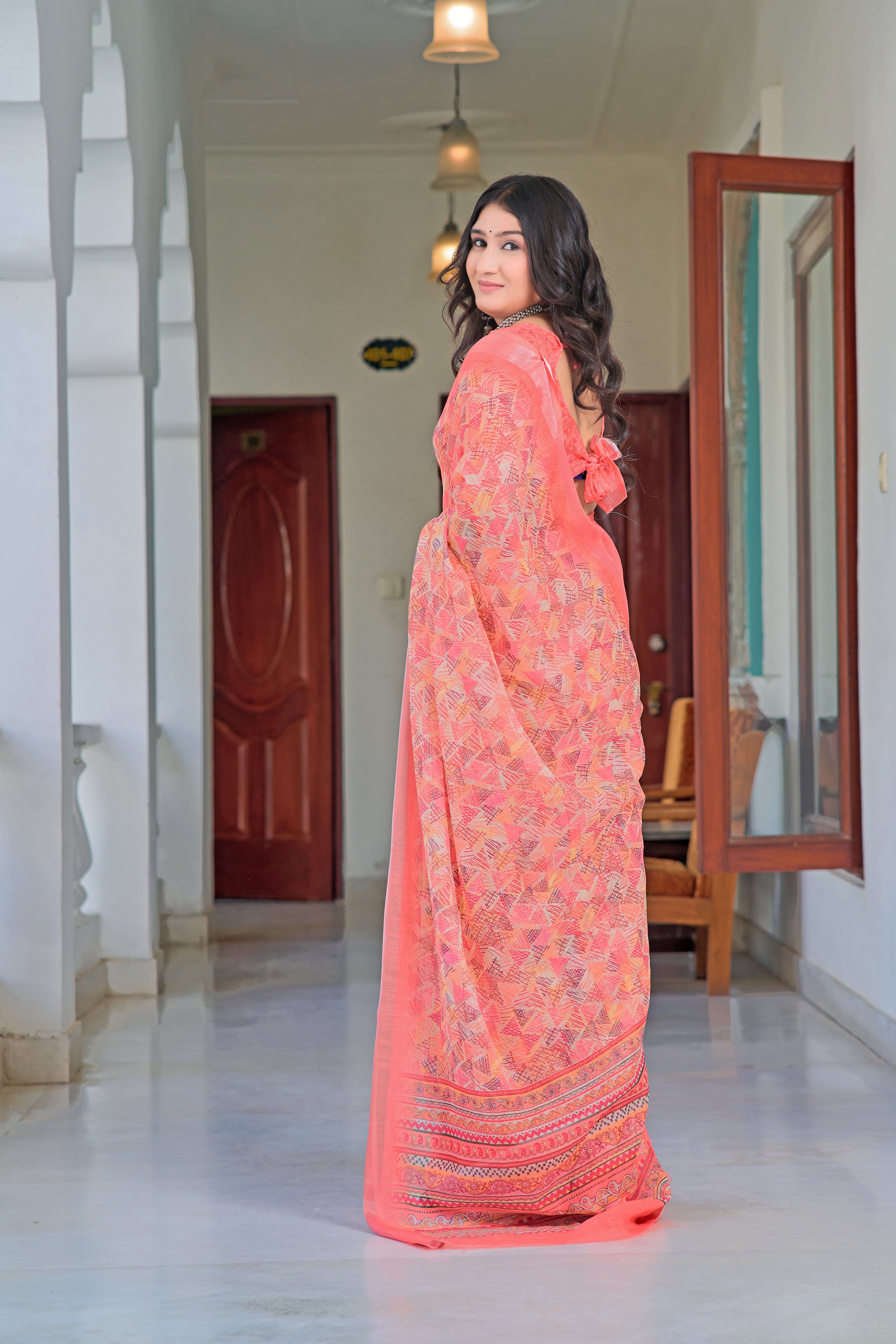 Glorious Peach Color Color Pure Cotton Lilen With Digital Printed Designer Saree