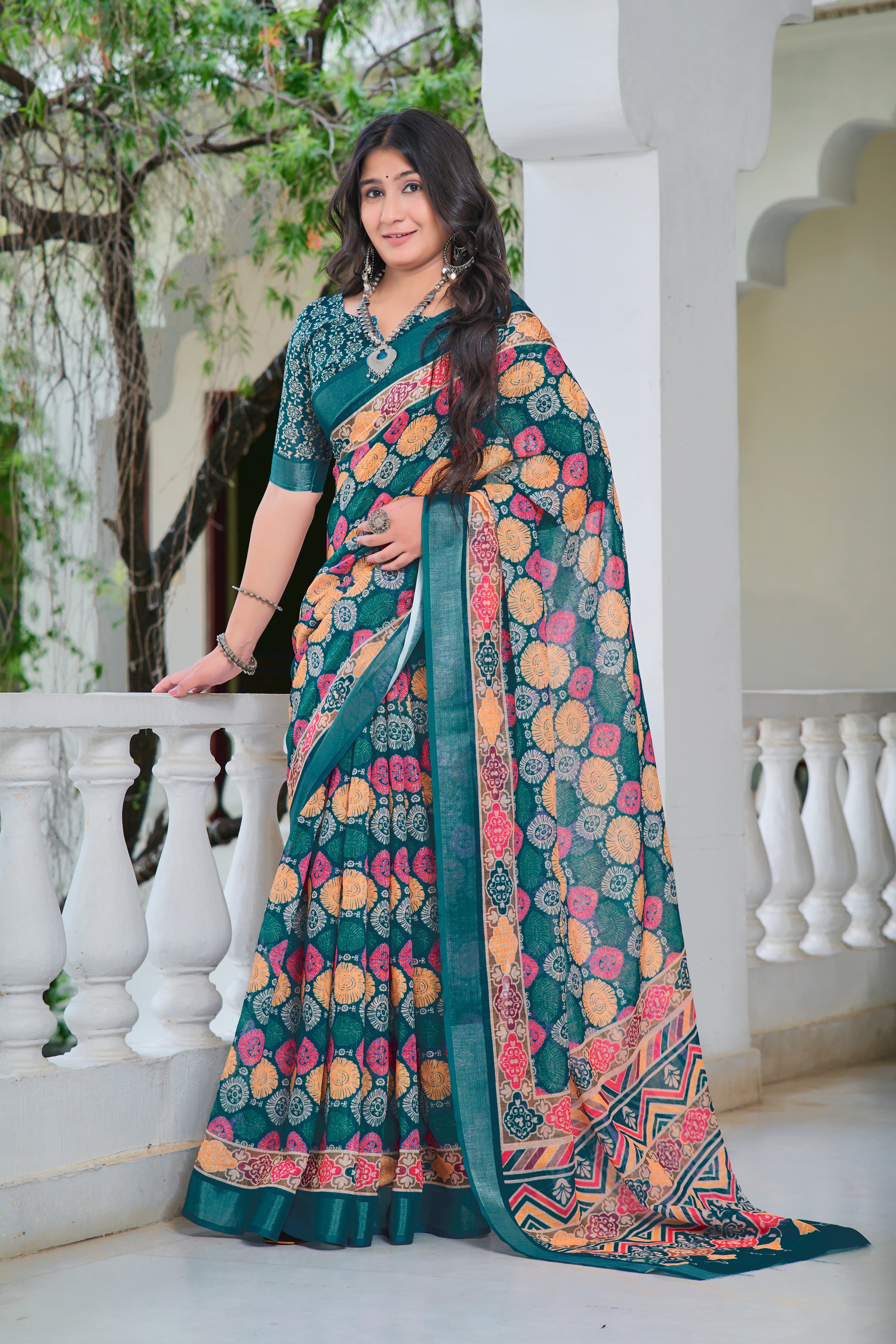 Classic Teal Blue Color Color Pure Cotton Lilen With Digital Printed Designer Saree