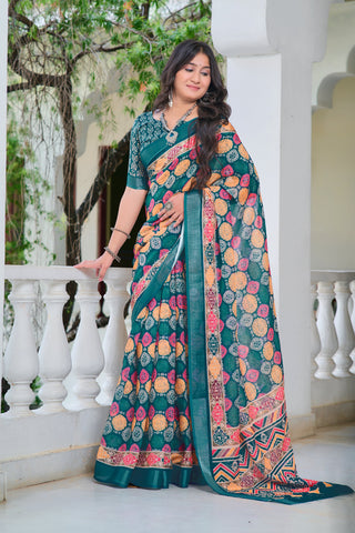 Classic Teal Blue Color Color Pure Cotton Lilen With Digital Printed Designer Saree