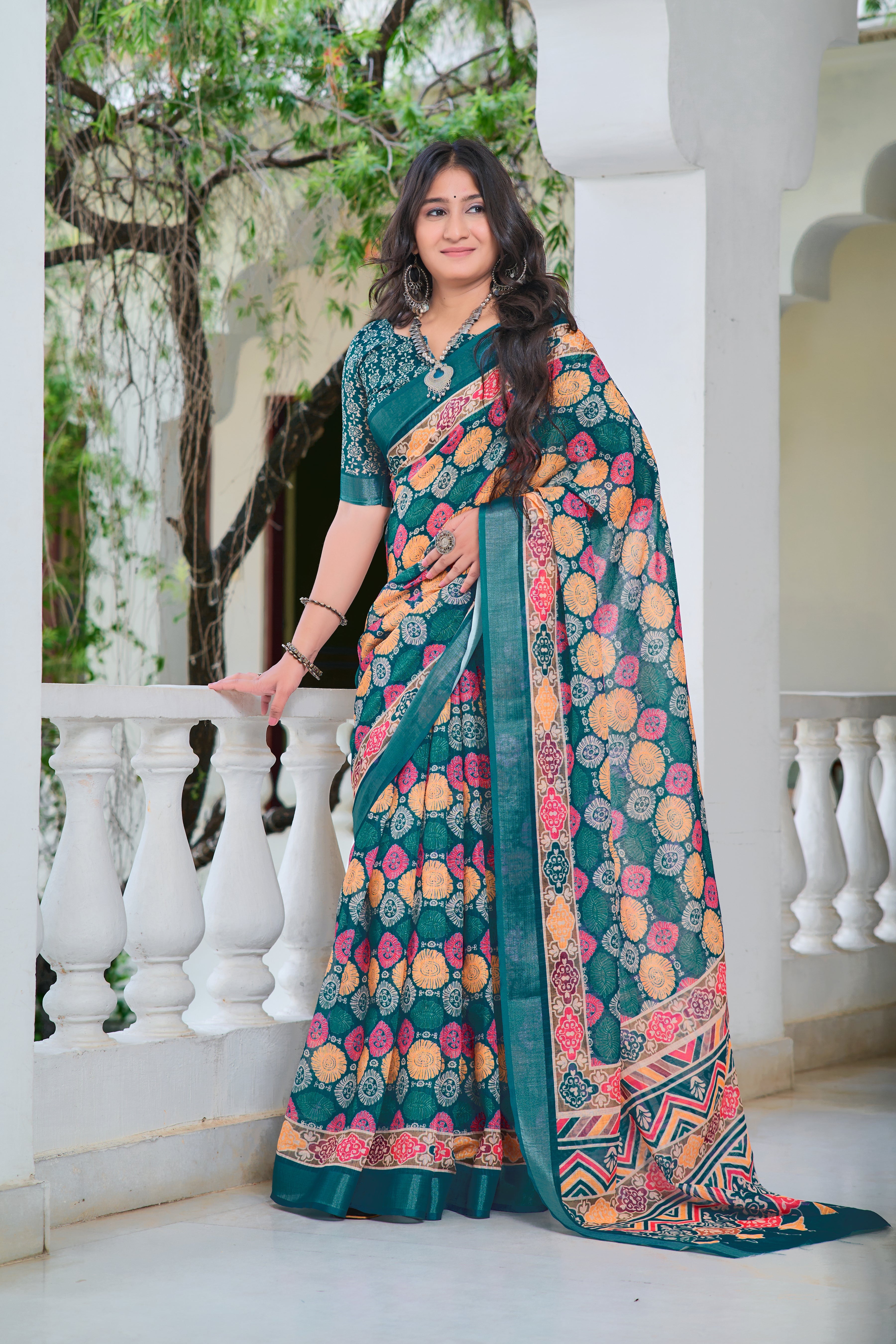 Classic Teal Blue Color Color Pure Cotton Lilen With Digital Printed Designer Saree