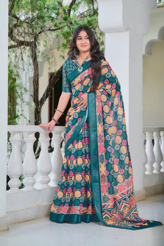 Classic Teal Blue Color Color Pure Cotton Lilen With Digital Printed Designer Saree