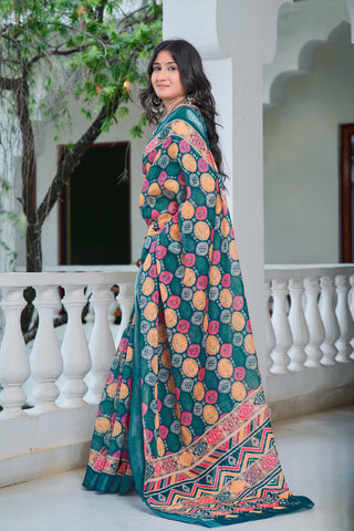 Classic Teal Blue Color Color Pure Cotton Lilen With Digital Printed Designer Saree