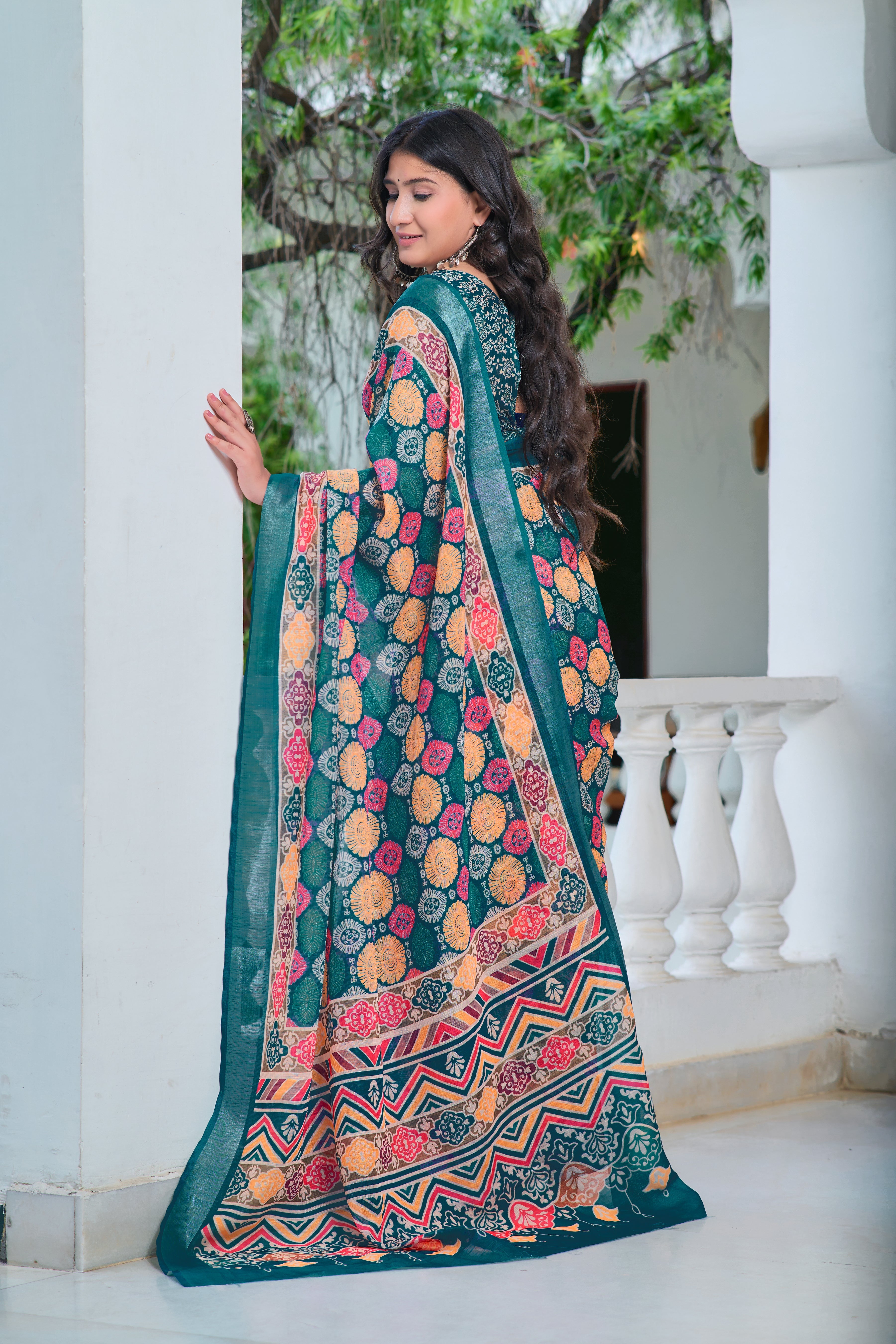 Classic Teal Blue Color Color Pure Cotton Lilen With Digital Printed Designer Saree