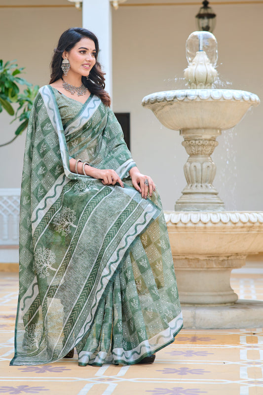 Stylish Green Color Pure Cotton Lilen With Digital Printed Designer Saree
