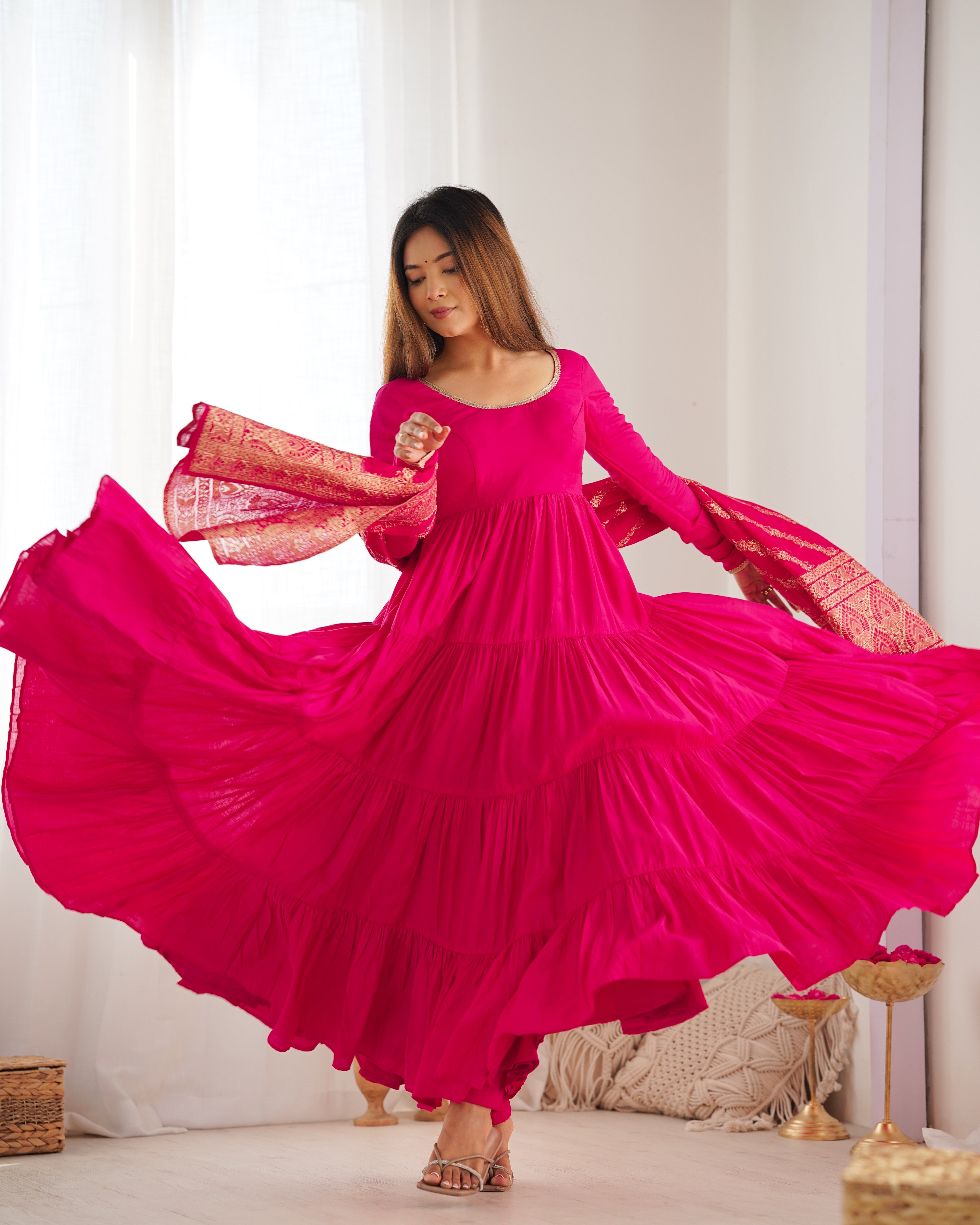 Presenting Pink Color Pure Roman Silk Chanderi Fabric Fully Flair Anarkali Gown With Dupatta