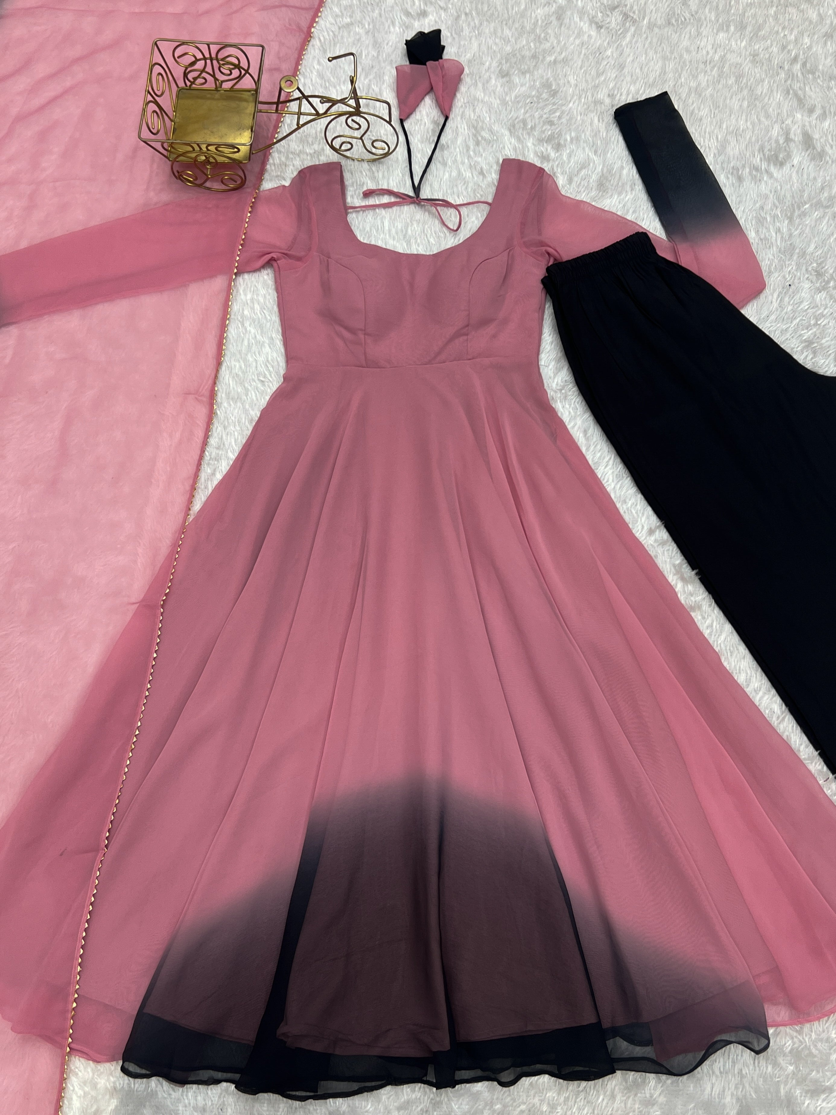 Luxuriant Peach And Black Color Heavy Pure Soft Faux Georgette Designer Anarkali Gown