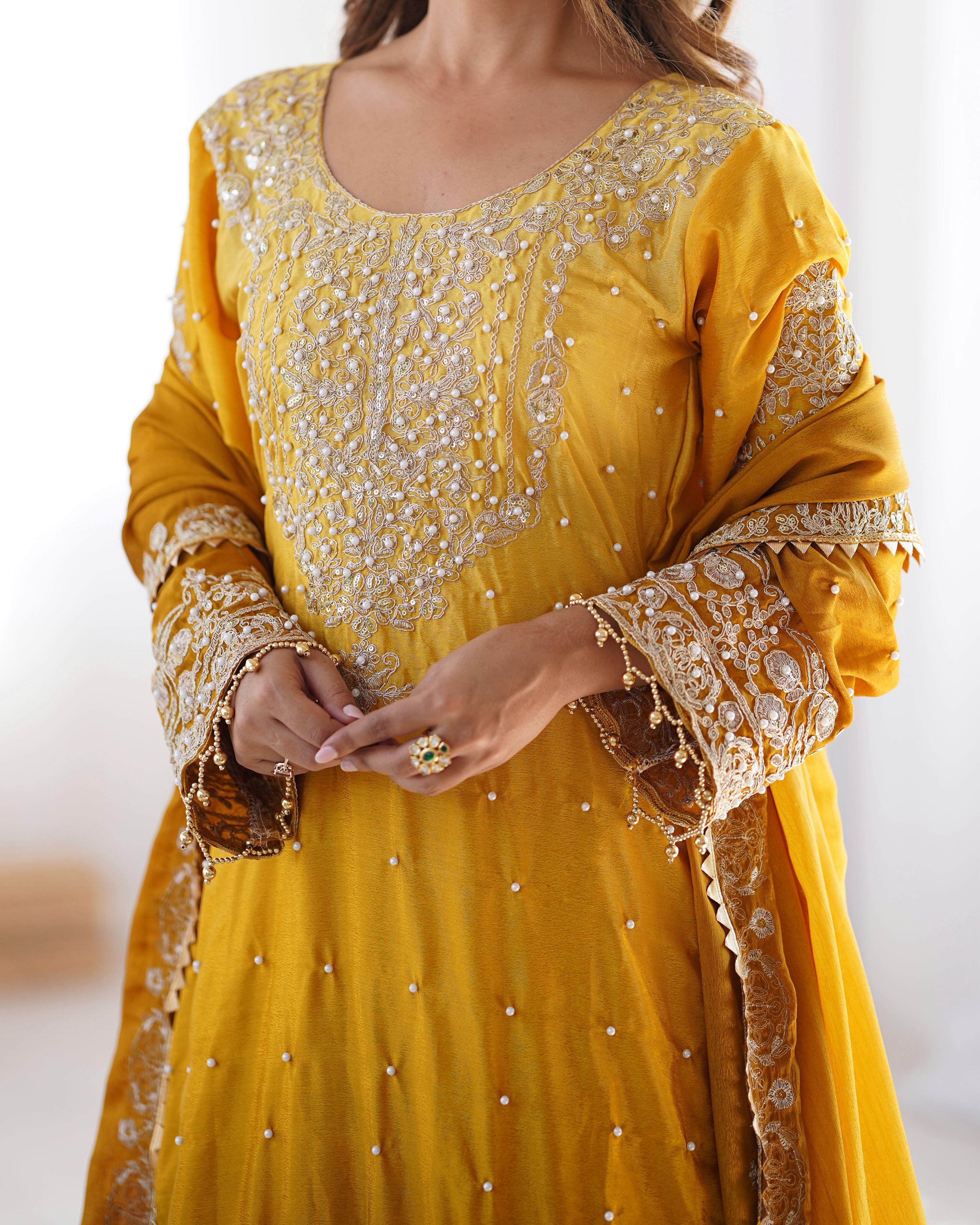 Haldi Special Yellow Color Chinon Silk And Coding Dori With Sequence With Rivet Moti Beautiful Sharara Suit