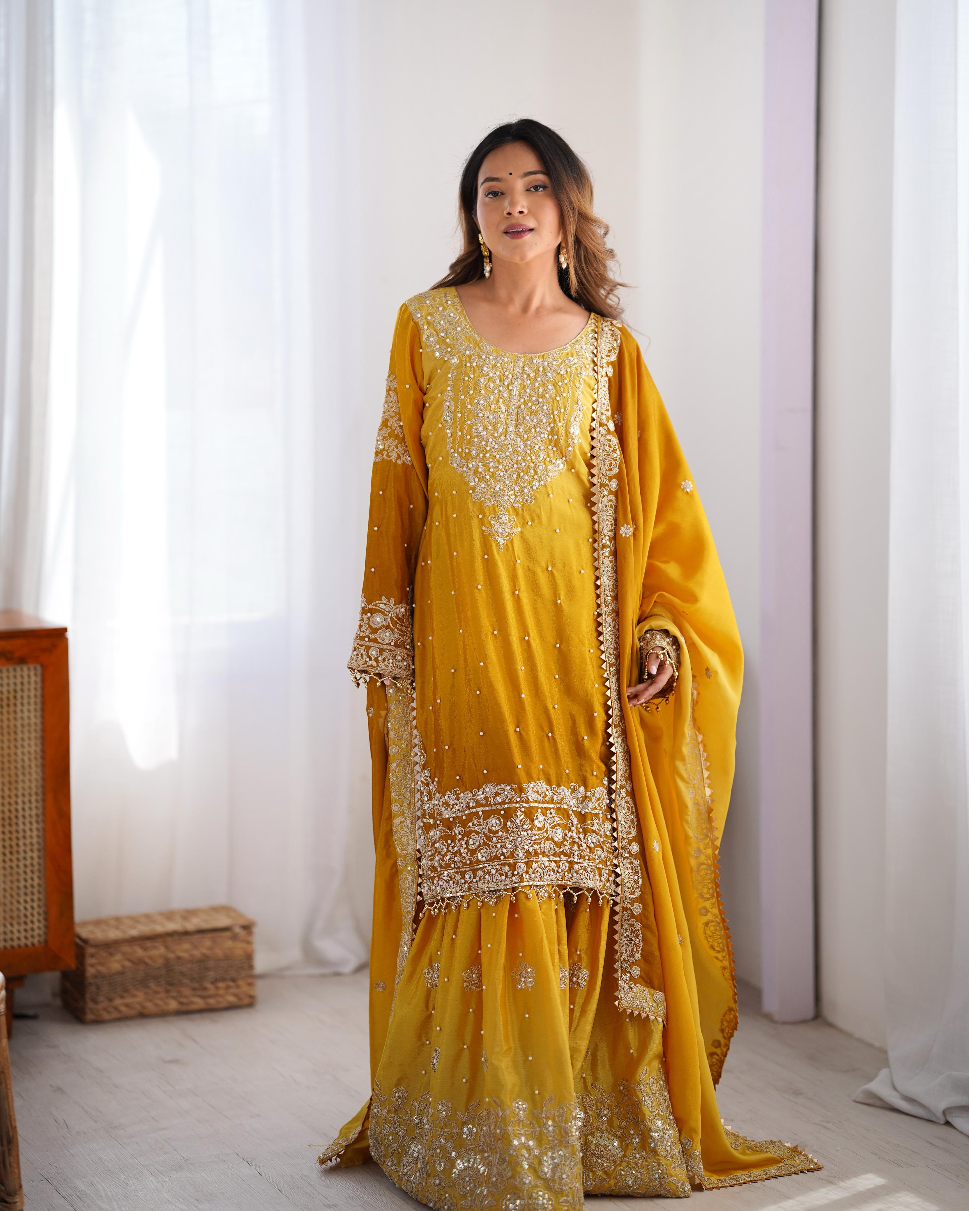 Haldi Special Yellow Color Chinon Silk And Coding Dori With Sequence With Rivet Moti Beautiful Sharara Suit