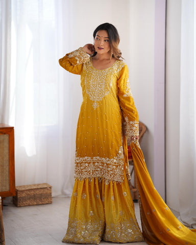 Haldi Special Yellow Color Chinon Silk And Coding Dori With Sequence With Rivet Moti Beautiful Sharara Suit