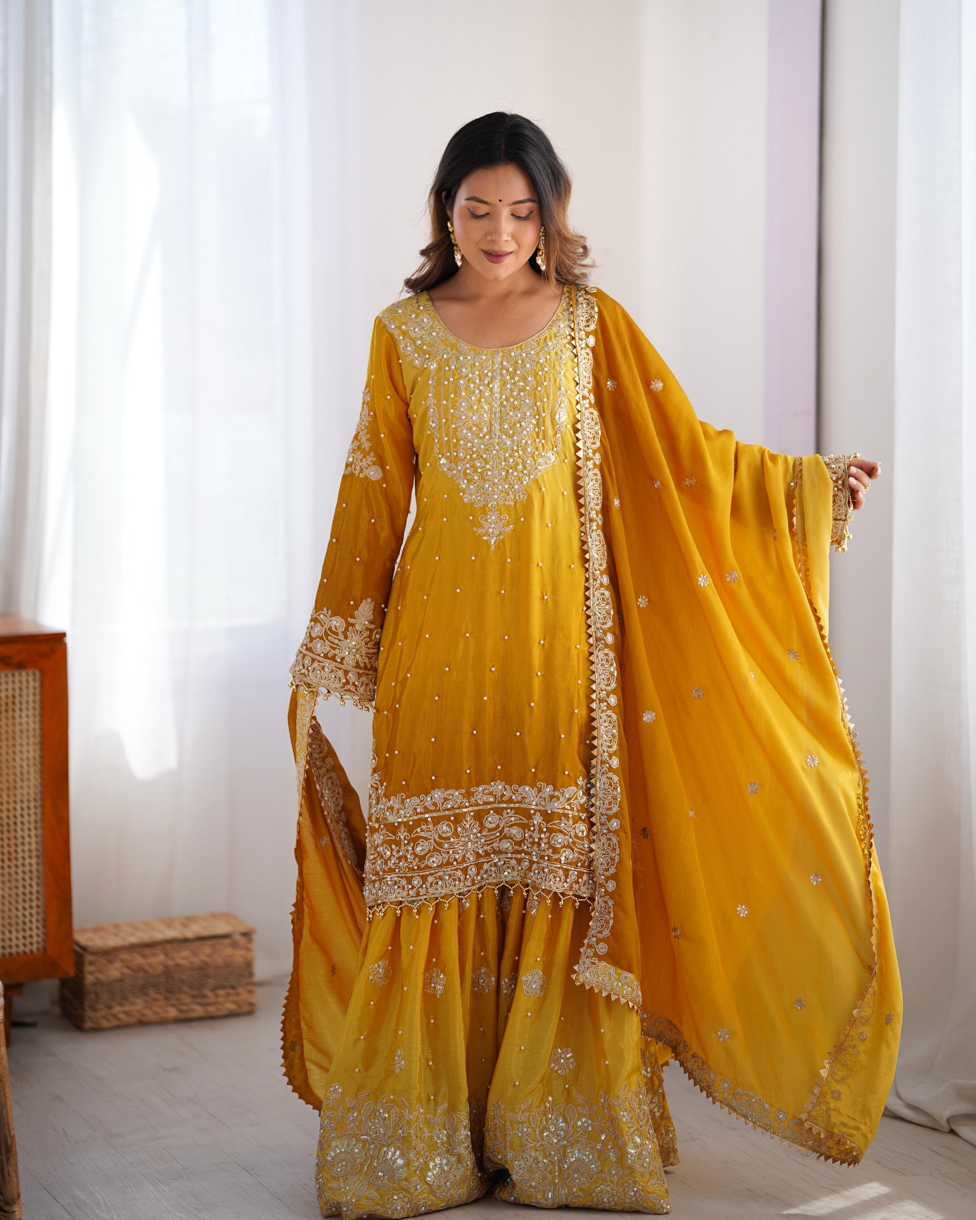 Haldi Special Yellow Color Chinon Silk And Coding Dori With Sequence With Rivet Moti Beautiful Sharara Suit