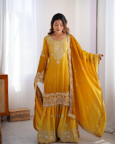 Haldi Special Yellow Color Chinon Silk And Coding Dori With Sequence With Rivet Moti Beautiful Sharara Suit