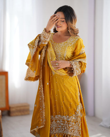 Haldi Special Yellow Color Chinon Silk And Coding Dori With Sequence With Rivet Moti Beautiful Sharara Suit