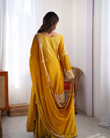 Haldi Special Yellow Color Chinon Silk And Coding Dori With Sequence With Rivet Moti Beautiful Sharara Suit
