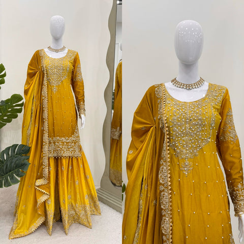 Haldi Special Yellow Color Chinon Silk And Coding Dori With Sequence With Rivet Moti Beautiful Sharara Suit