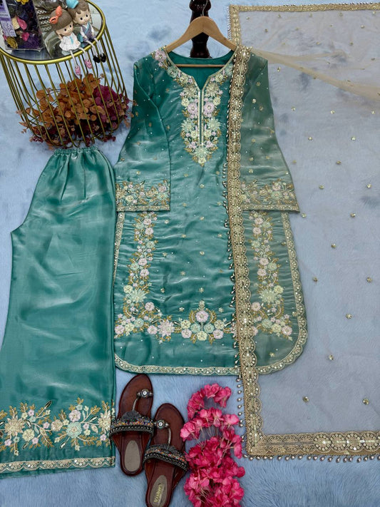 Exclusive Light Green Color Pure Jimmy Choo With Heavy Embroidery 5mm Sequence Work Palazzo Suit