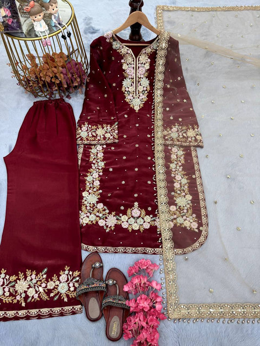 Exclusive Dark Maroon Color Pure Jimmy Choo With Heavy Embroidery 5mm Sequence Work Palazzo Suit