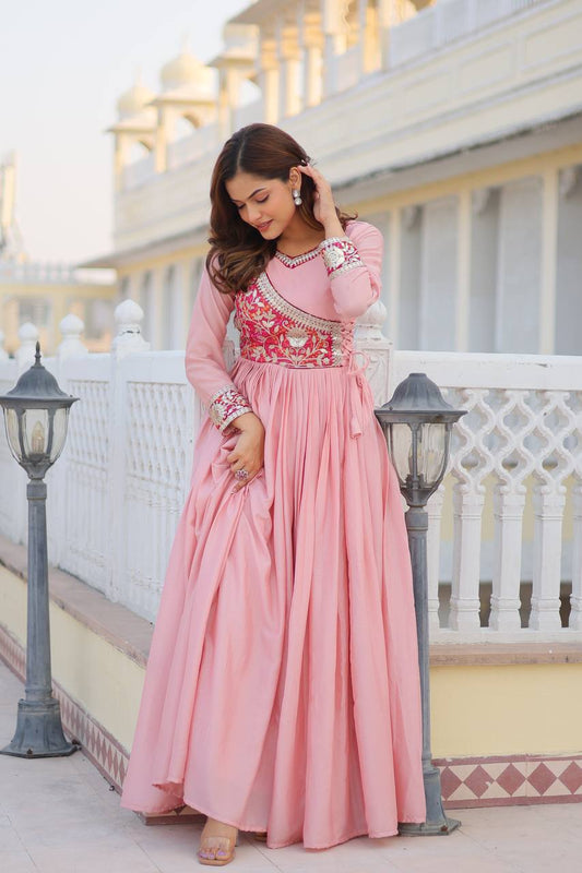 Exclusive Baby Pink Color Pure Chinon And Bandhej Gotta Patti Cording Work Gown