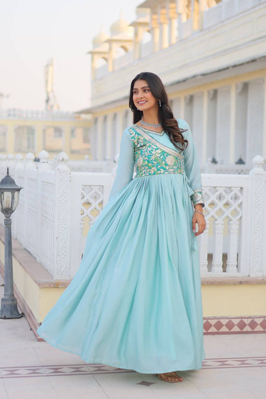 Exclusive Sky Blue Color Pure Chinon And Bandhej Gotta Patti Cording Work Gown