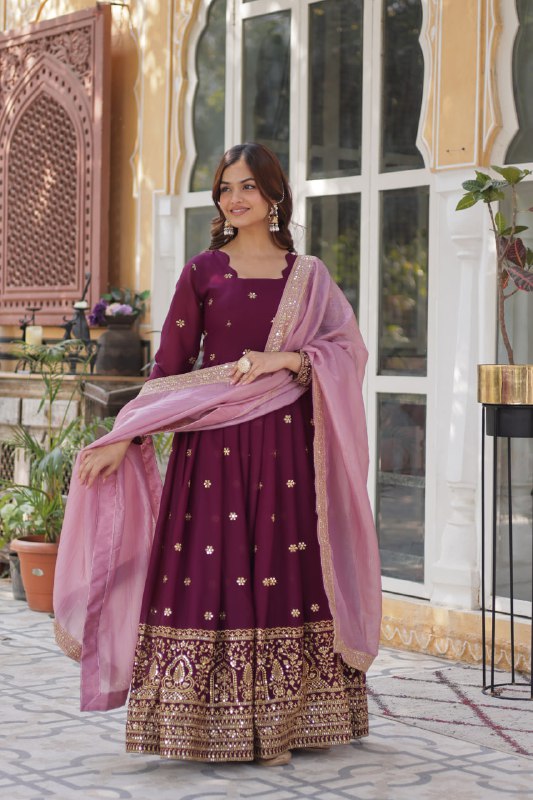 Luxuriant Wine Color Star Georgette With Embroidery Zari Sequins Work Designer Gown