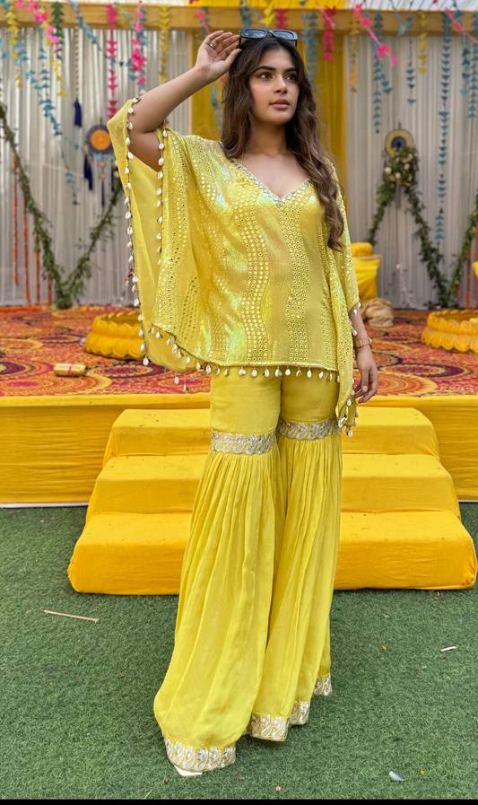 Haldi Special Yellow Color Heavy Faux Georgette Heavy Embroidered Sequins Work Sharara Suit With Choli And Kaftan