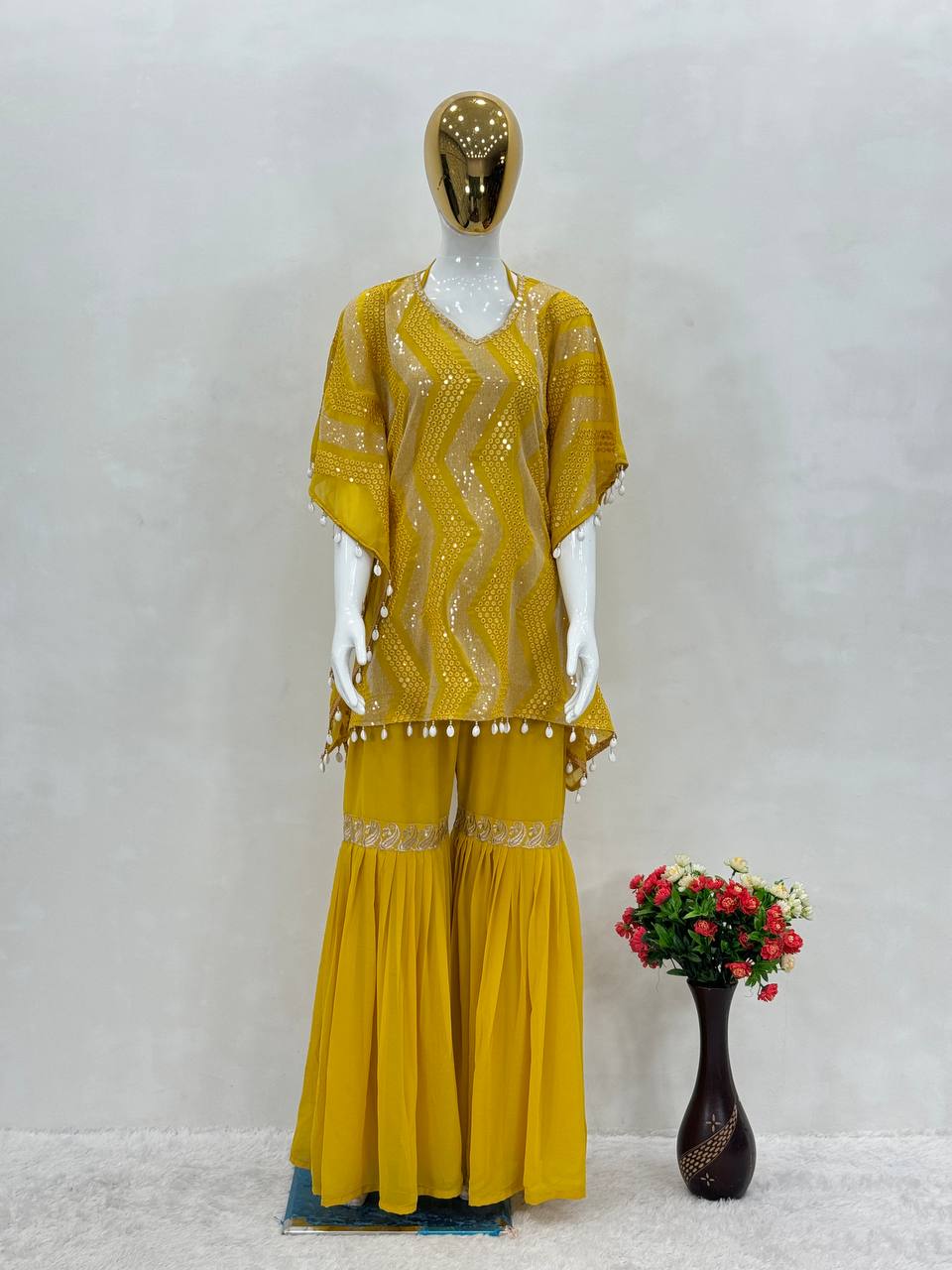 Haldi Special Yellow Color Heavy Faux Georgette Heavy Embroidered Sequins Work Sharara Suit With Choli And Kaftan