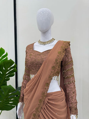 Glossy Beige Color Faux Georgette And Thread With Sequence Work Ready To Wear Lehenga Saree