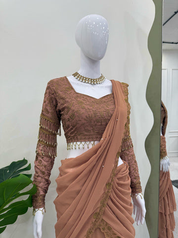 Glossy Beige Color Faux Georgette And Thread With Sequence Work Ready To Wear Lehenga Saree