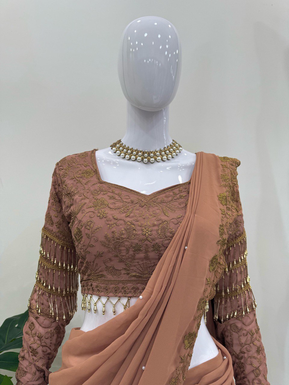 Glossy Beige Color Faux Georgette And Thread With Sequence Work Ready To Wear Lehenga Saree