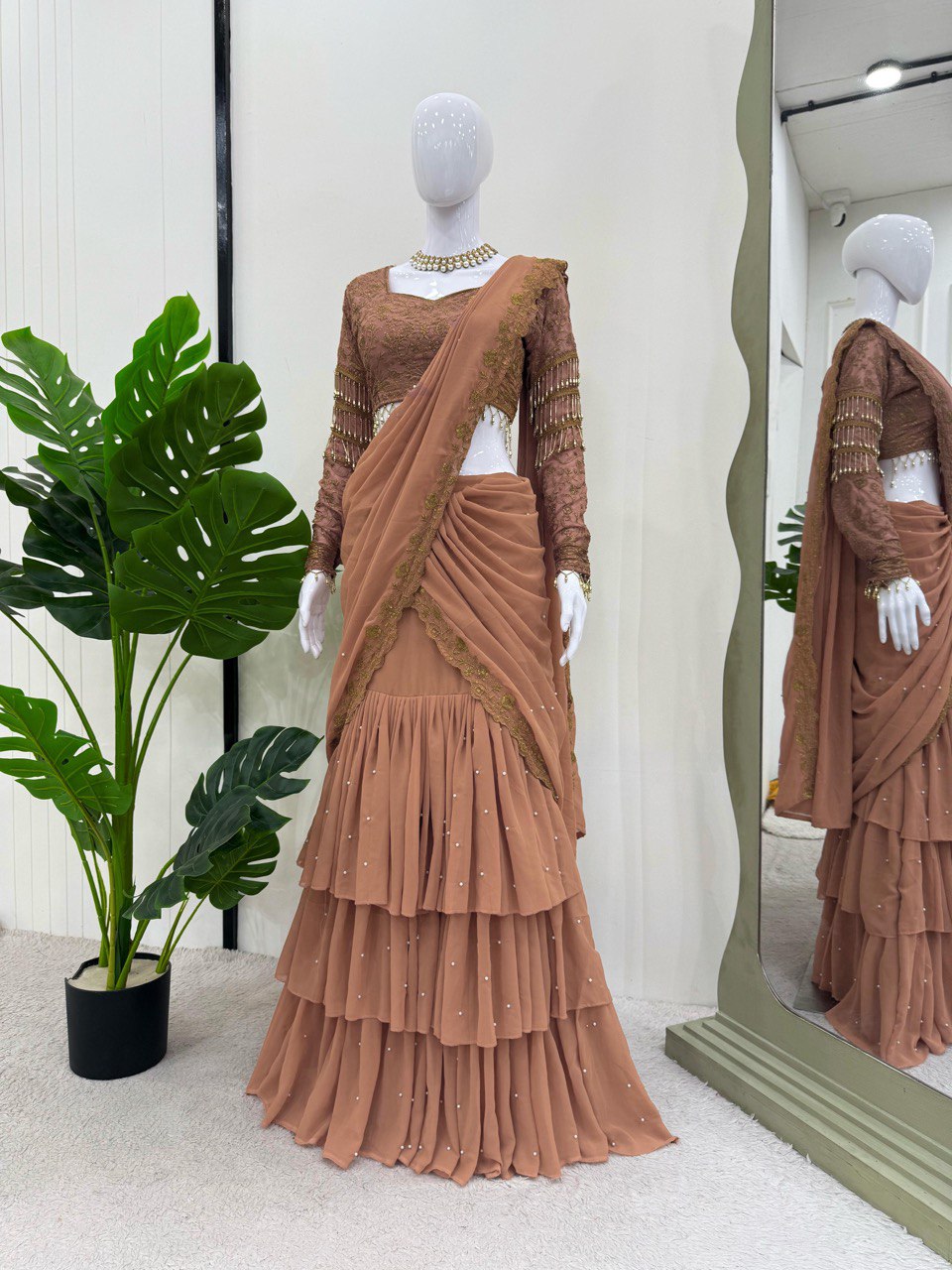 Glossy Beige Color Faux Georgette And Thread With Sequence Work Ready To Wear Lehenga Saree
