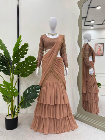Glossy Beige Color Faux Georgette And Thread With Sequence Work Ready To Wear Lehenga Saree