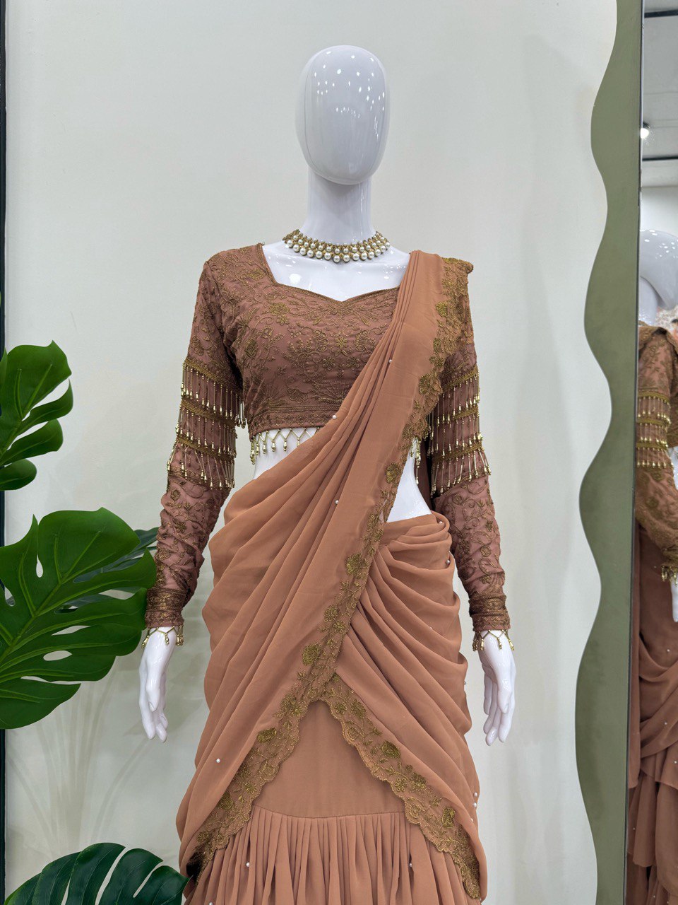 Glossy Beige Color Faux Georgette And Thread With Sequence Work Ready To Wear Lehenga Saree
