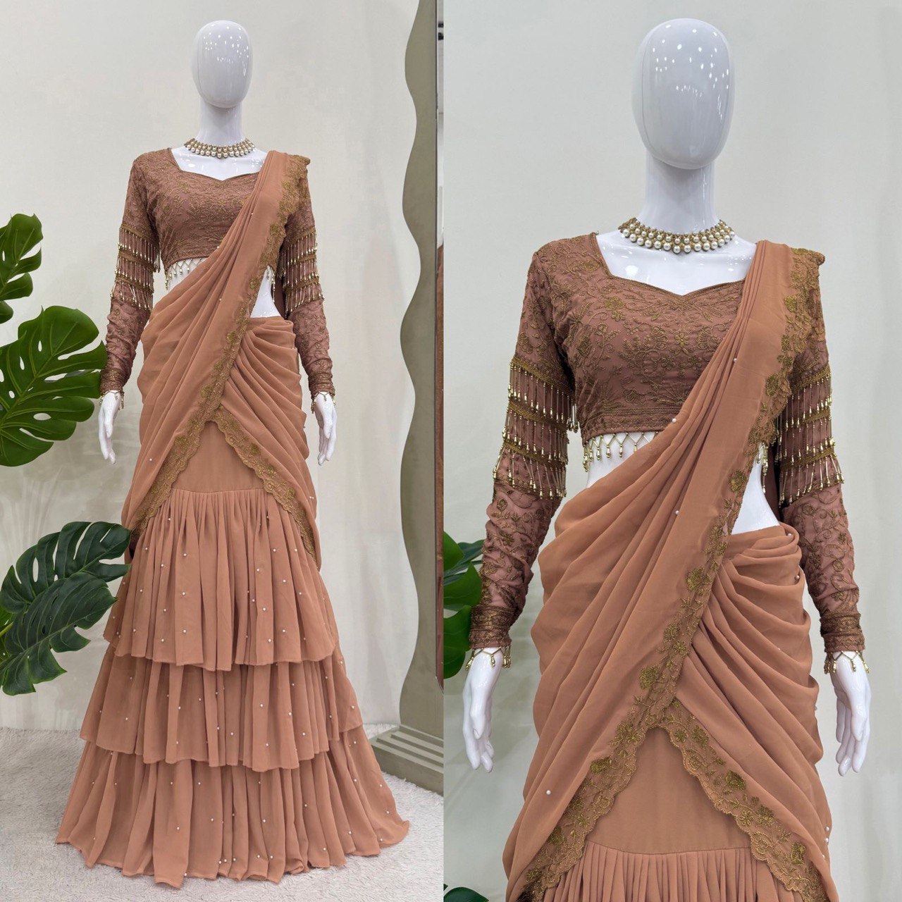 Glossy Beige Color Faux Georgette And Thread With Sequence Work Ready To Wear Lehenga Saree