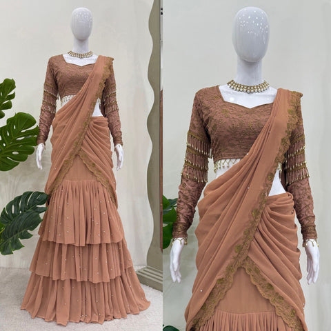 Glossy Beige Color Faux Georgette And Thread With Sequence Work Ready To Wear Lehenga Saree