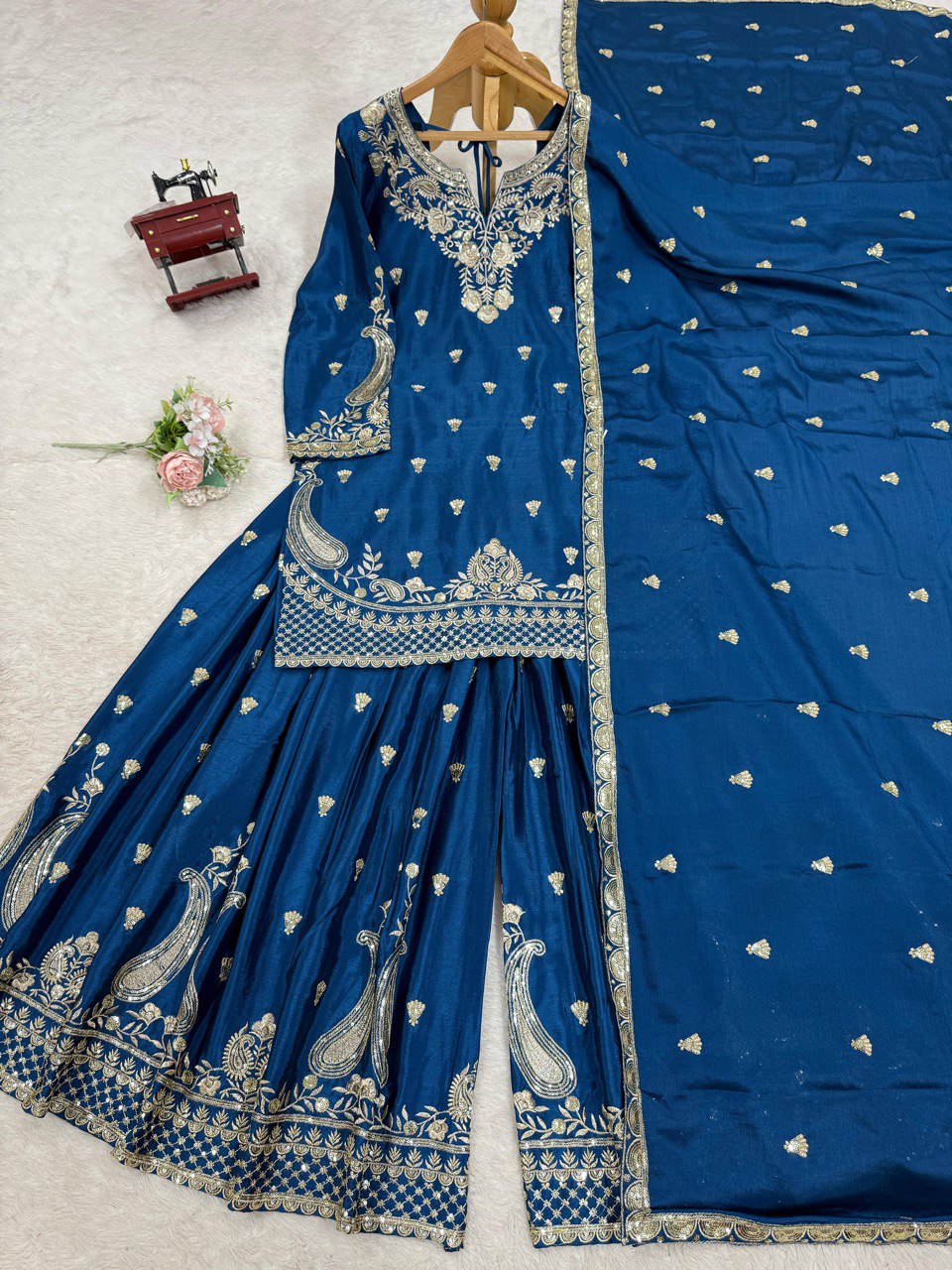Stunning Teal Blue Color Chinon Silk And Thread With Sequence Work Palazzo Suit