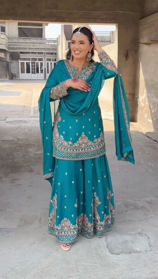 Stunning Aqua Green Color Chinon Silk And Thread With Sequence Work Palazzo Suit