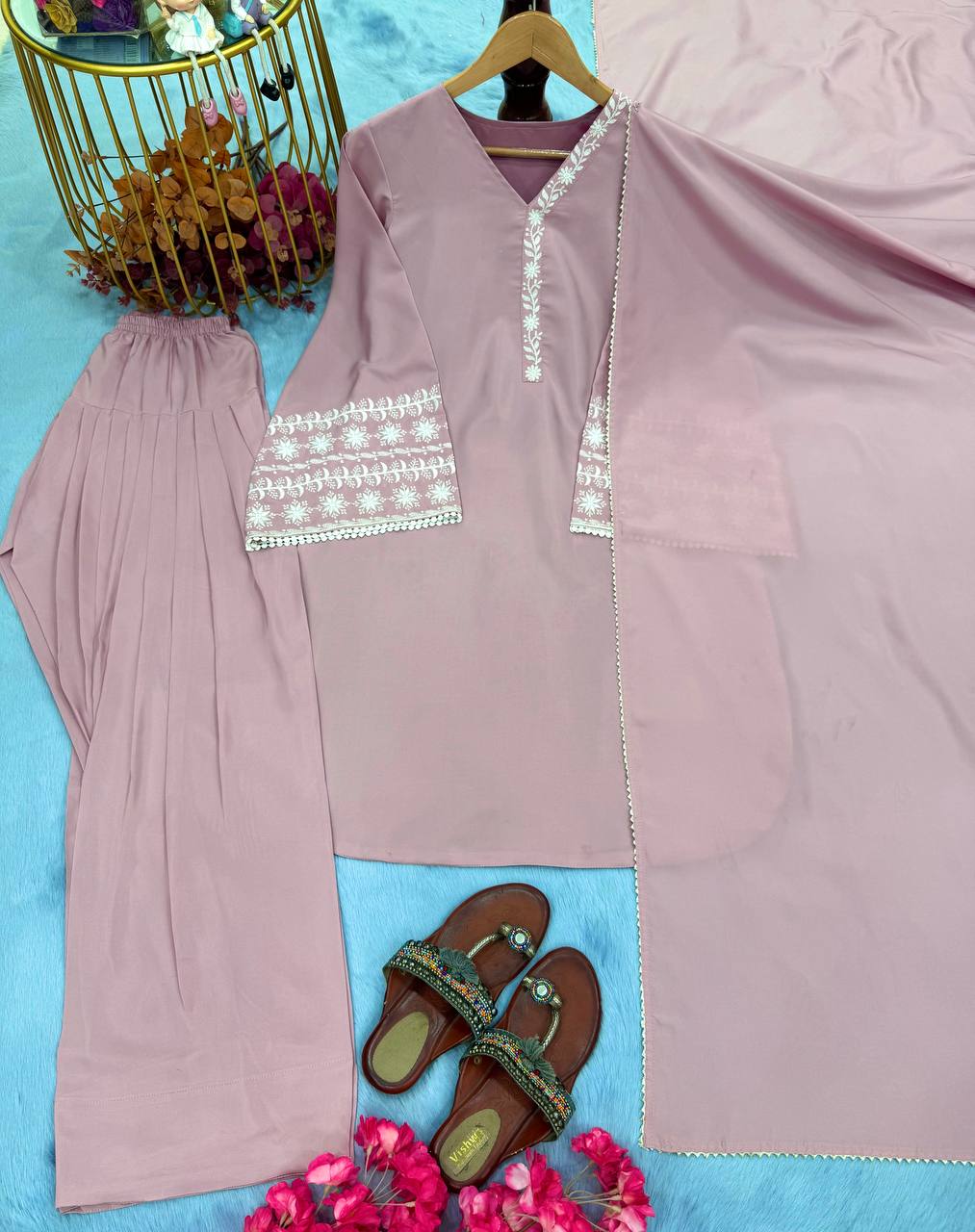 Ceremony Wear Dusty Peach Color Natural Satin With Embroidery Work Beautiful Palazzo Suit