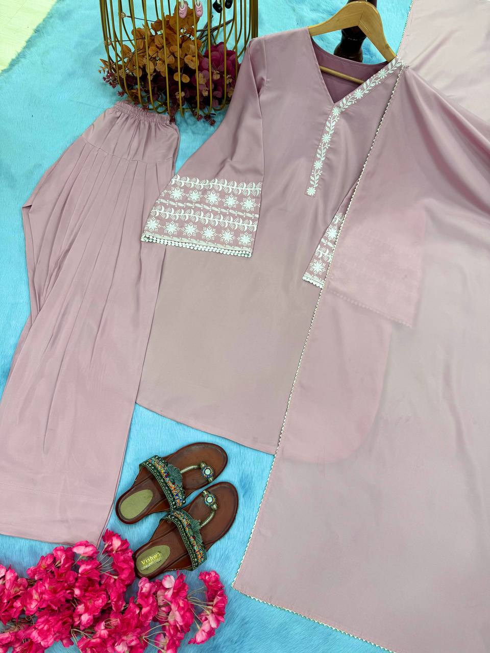 Ceremony Wear Dusty Peach Color Natural Satin With Embroidery Work Beautiful Palazzo Suit