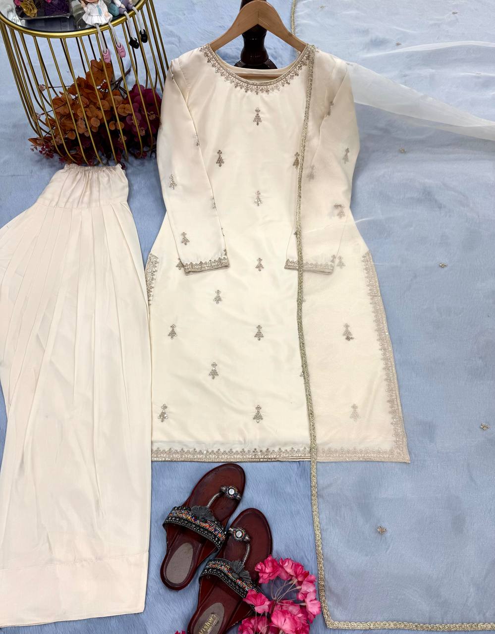Peaceful Cream Color Natural Satin With Embroidery Work Designer Palazzo Suit