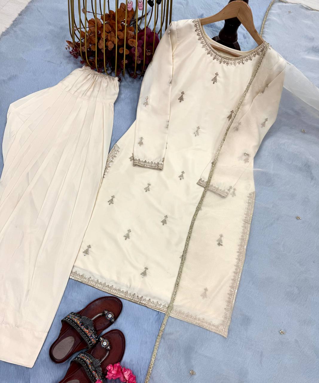 Peaceful Cream Color Natural Satin With Embroidery Work Designer Palazzo Suit