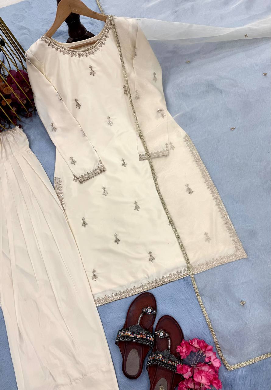Peaceful Cream Color Natural Satin With Embroidery Work Designer Palazzo Suit