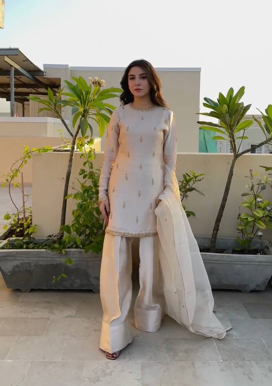 Peaceful Cream Color Natural Satin With Embroidery Work Designer Palazzo Suit