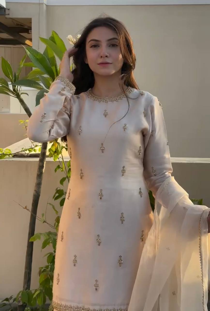 Peaceful Cream Color Natural Satin With Embroidery Work Designer Palazzo Suit