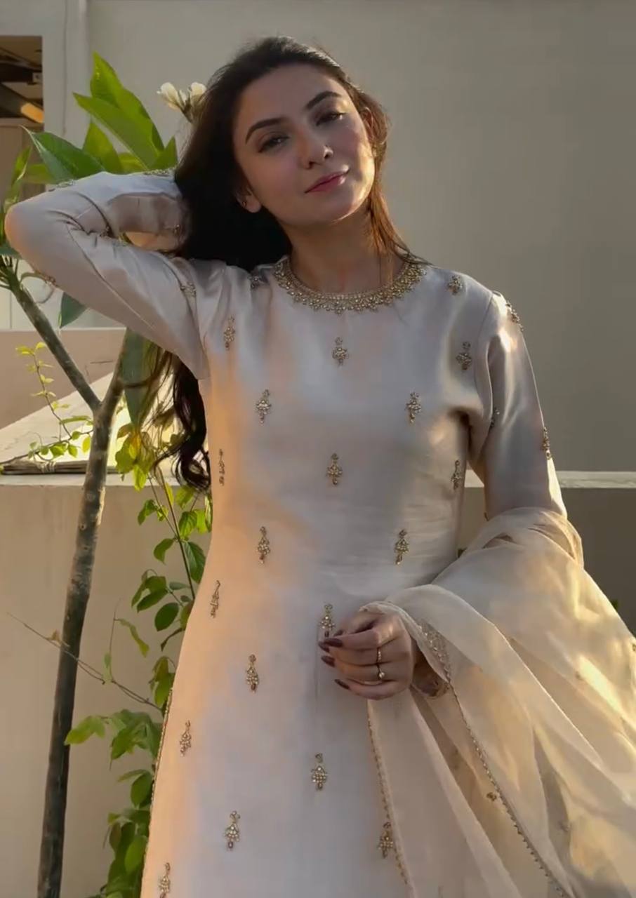 Peaceful Cream Color Natural Satin With Embroidery Work Designer Palazzo Suit