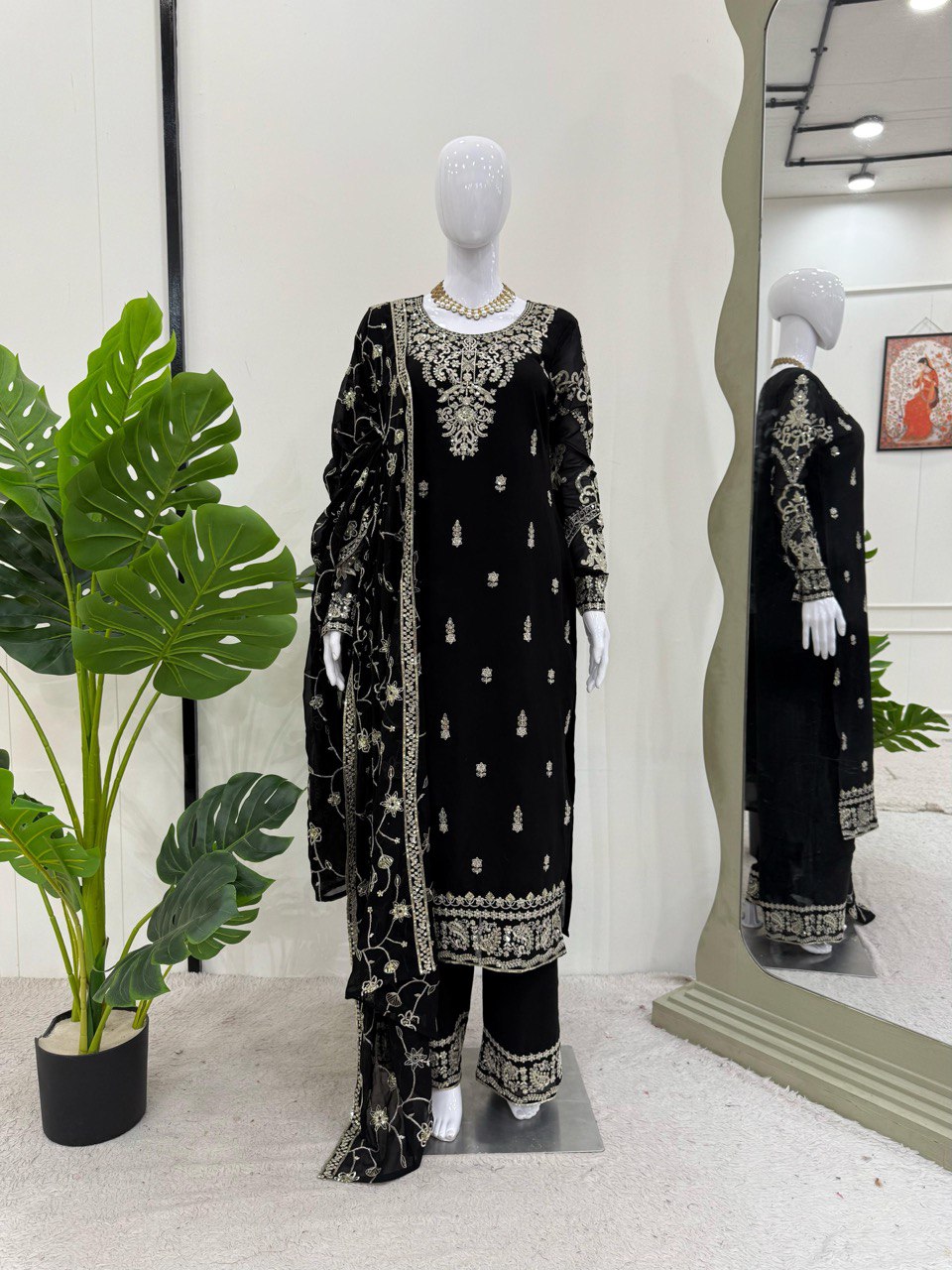 Ceremony Wear Black Color Faux Georgette And Thread With Sequence Work Salwar Suit