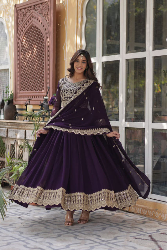 Party Wear Purple Color Faux Blooming With Embroidery Zari Sequins Work Designer Gown
