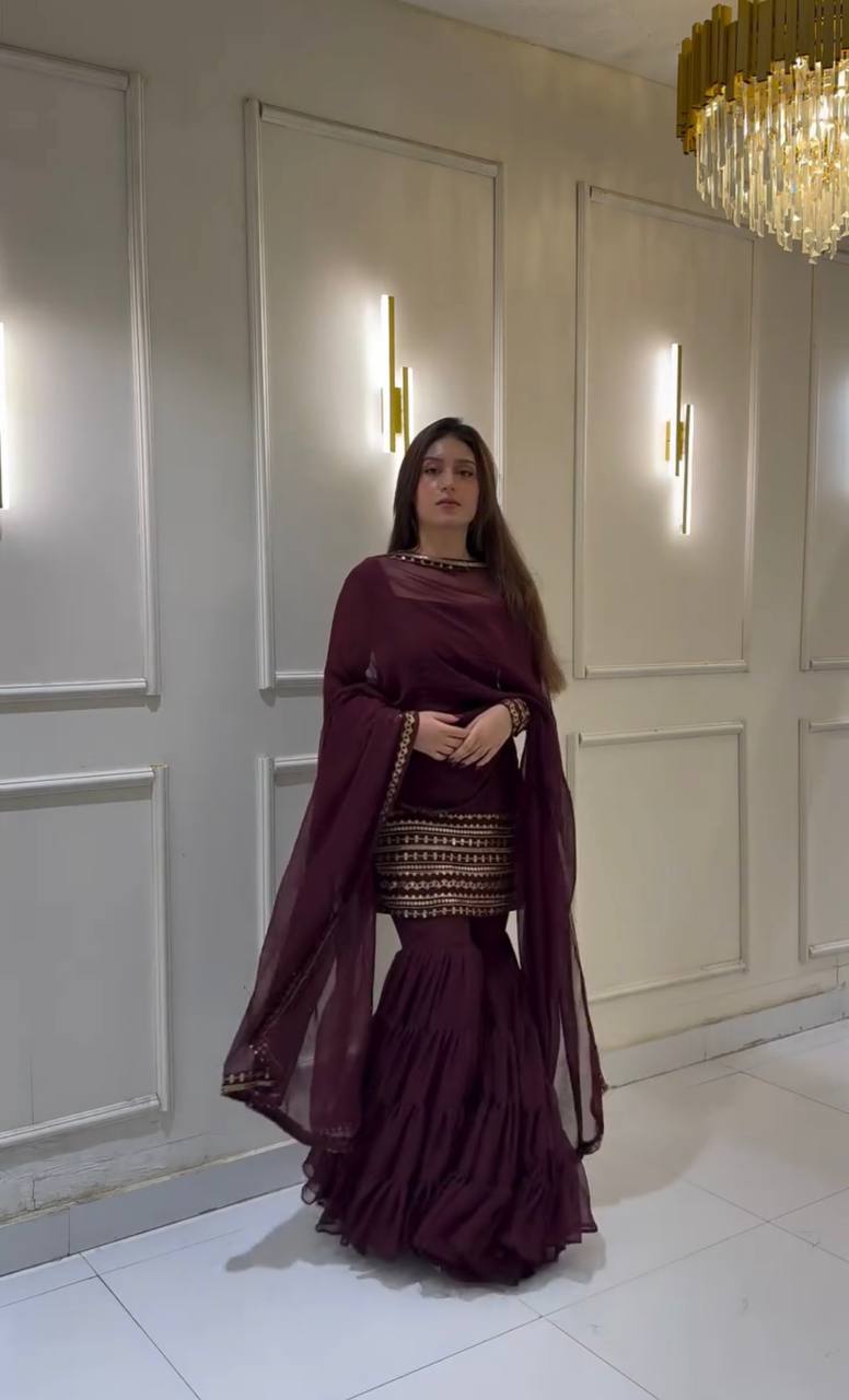 Trending Wine Color Heavy Georgette Embroidery Sequence Work Sharara Suit