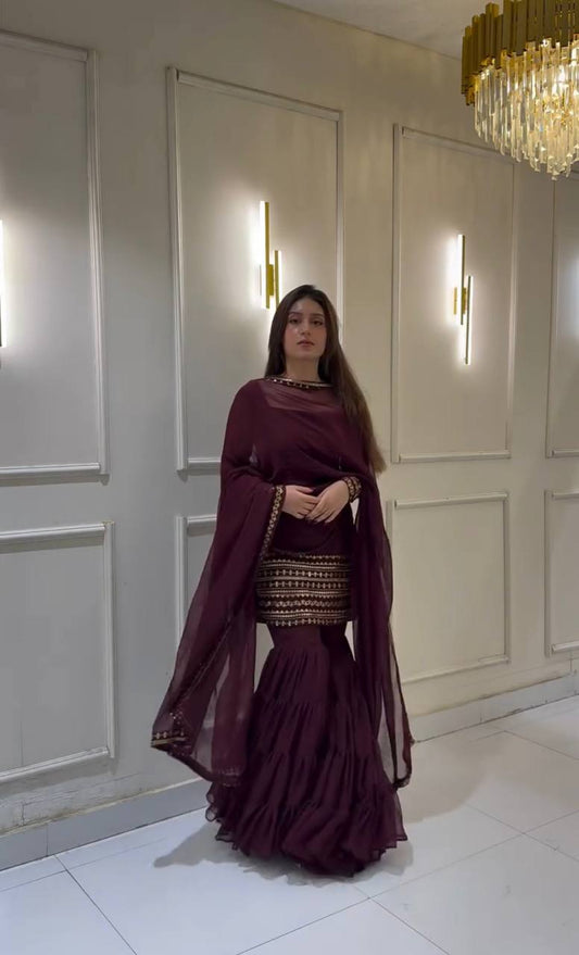 Trending Wine Color Heavy Georgette Embroidery Sequence Work Sharara Suit